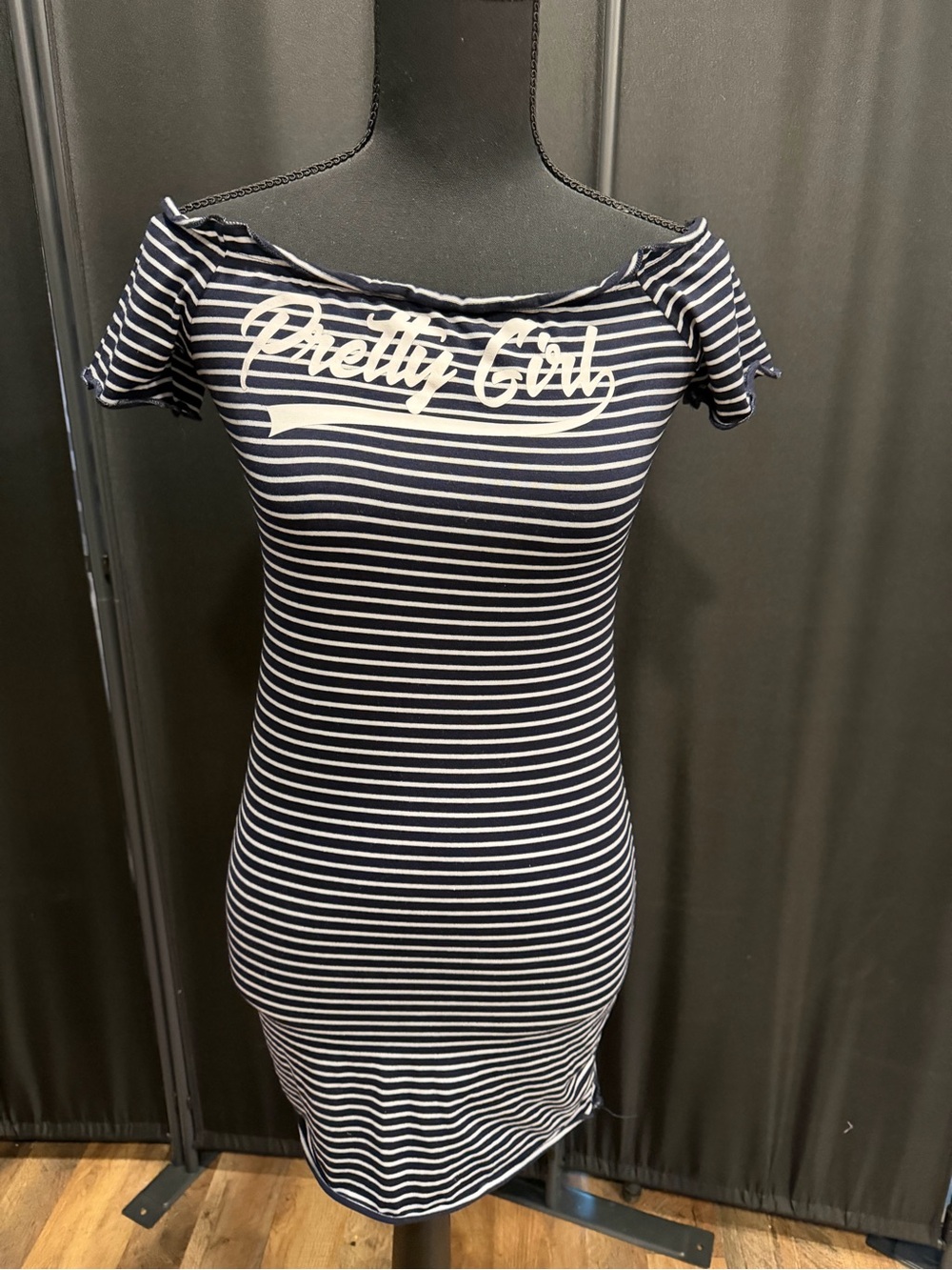 Striped Off-Shoulder Bodycon Dress in Navy and White